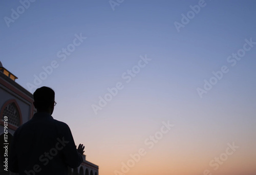 Islamic Background: Mosque at Night for Ramadan Kareem and Eid Mubarak AI-Generated