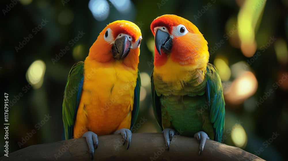 Obraz premium Two vibrant sun conure parrots perched on a branch in lush greenery, a couple