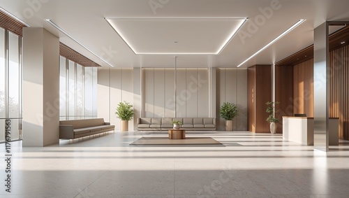 A modern and contemporary office lobby with a waiting room provides perfect setting for showcasing of office with minimilistic elegent colours, generated with ai photo