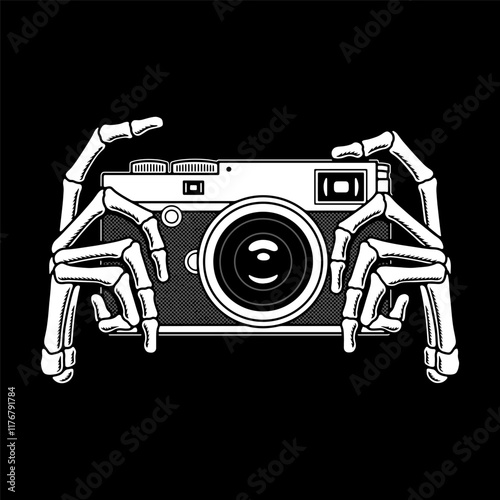 SKELETON HANDS HOLDING PHOTO CAMERA WHITE BLACK BACKGROUND