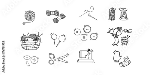 Knitting Doddles Set,Cute Drawing for knit background Design Set,Hand Drawn Design Set,Knitting Design Element.
