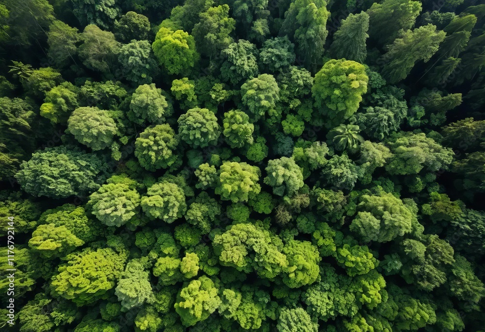 Naklejka premium A drone view of a lush green forest with trees and a small river running through
