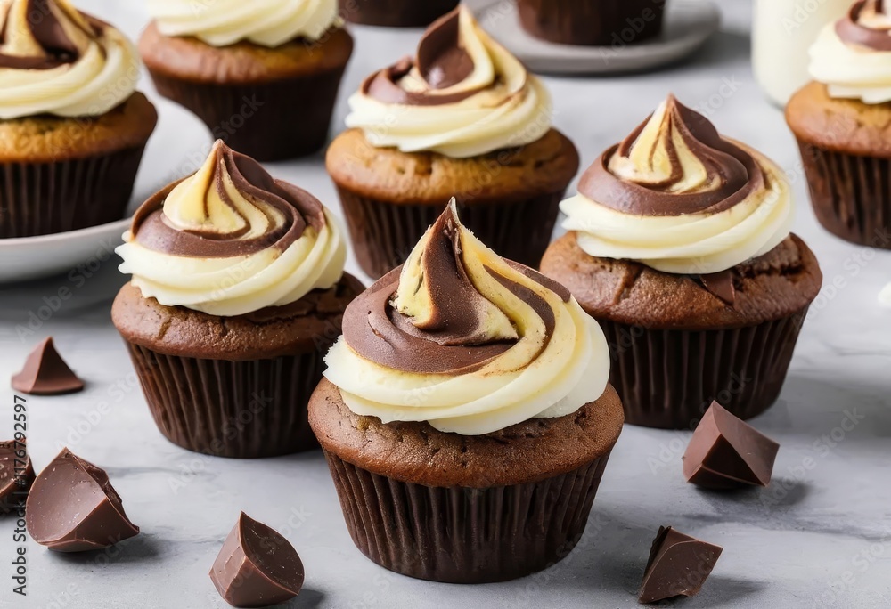 A batch of homemade marble cupcakes with chocolate and vanilla swirls A batch of homemade marble cupcakes with chocolate and vanilla swirls