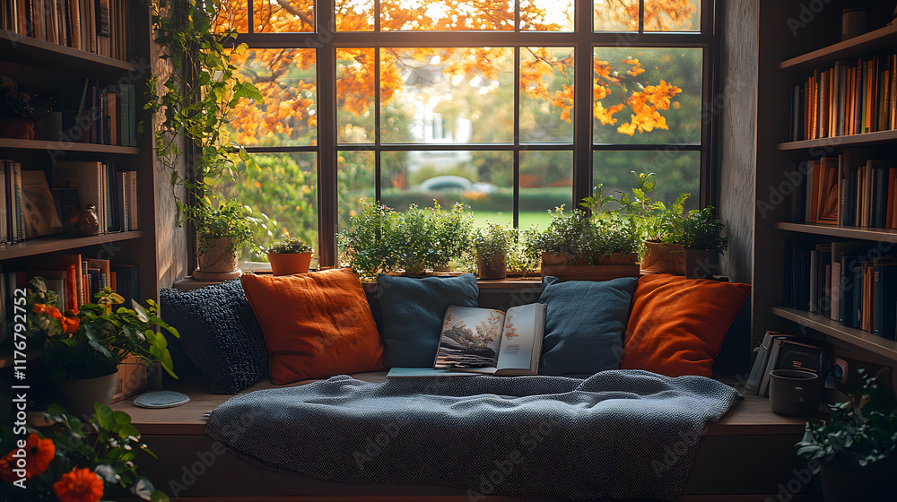 Fototapeta premium A stunning photography of a cozy reading nook, with pillows and blankets arranged under a window, bathed in warm afternoon sunlight, creating a peaceful retreat.