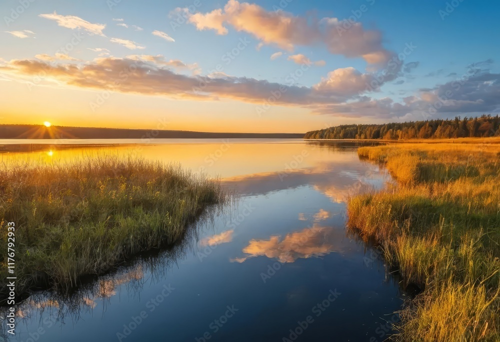 A beautiful sunset over a lake with a vibrant orange and yellow sky A beautiful sunset over a lake with a vibrant orange and yellow sky