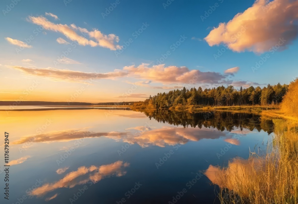 Fototapeta premium A beautiful sunset over a lake with a vibrant orange and yellow sky