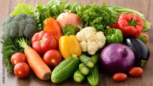 Fresh, colorful assortment of various vegetables arranged artfully on a wooden table, showcasing healthy eating and vibrant colors for culinary inspirations.