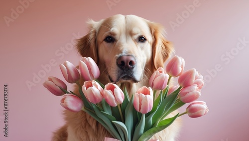 Golden retriever holds pink tulips with bows in front of a soft pink background during springtime photo