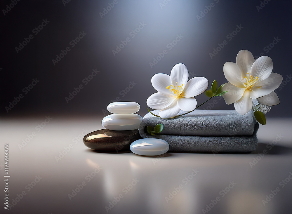 Serene spa scene: smooth stones, soft towels, and delicate white blossoms arranged on a reflective surface, evoking tranquility and relaxation. Serene spa scene: smooth stones, soft towels, and delicate white blossoms arranged on a reflective surface, evoking tranquility and relaxation.