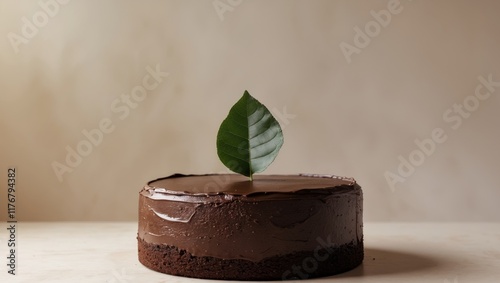 A chocolate cake with a leaf on top of it photo