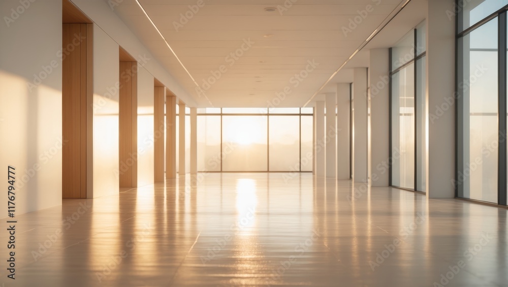 Obraz premium Modern Office Corridor Bathed in Warm Sunrise Light Reflection
