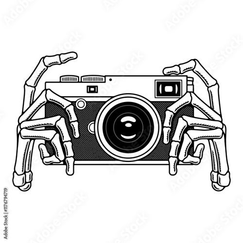 SKELETON HANDS HOLDING PHOTO CAMERA BLACK WHITE BACKGROUND