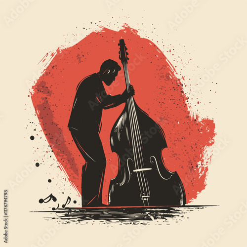 Jazz musician playing double bass with musical notes.