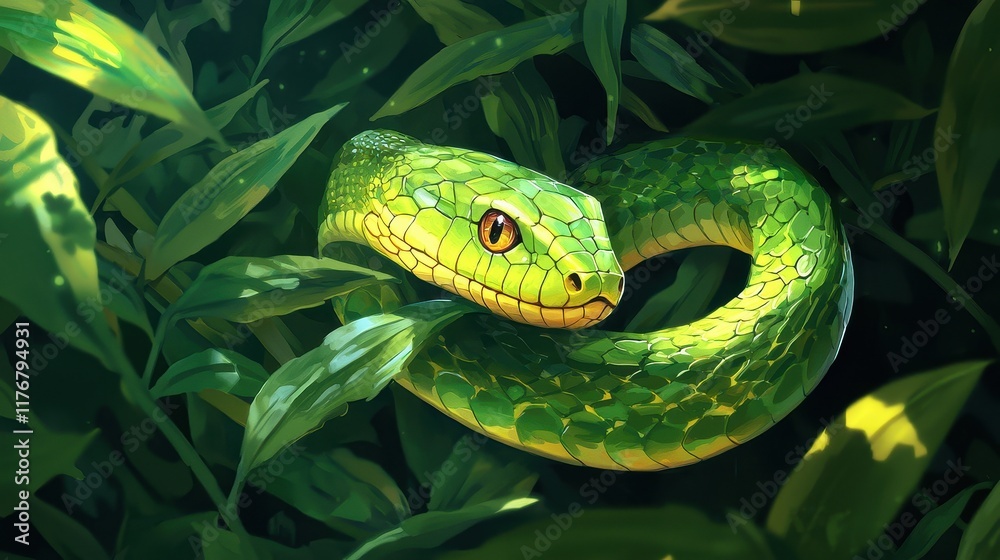 Obraz premium Green Snake Hidden Among Lush Green Foliage