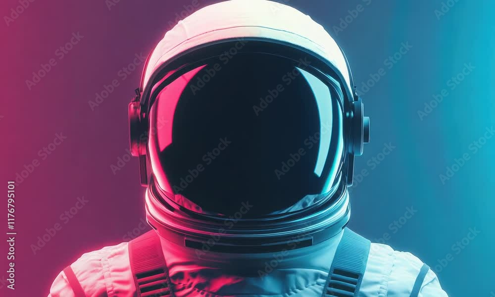 An astronaut in a space suit stands against a vibrant backdrop, illuminated in shades of pink and blue, creating a striking visual contrast. An astronaut in a space suit stands against a vibrant backdrop, illuminated in shades of pink and blue, creating a striking visual contrast.
