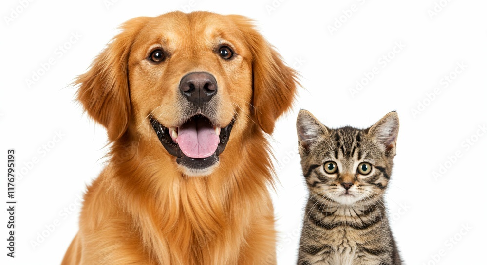 Golden Retriever and Tabby Kitten Together on White Background - Friendship of Pets