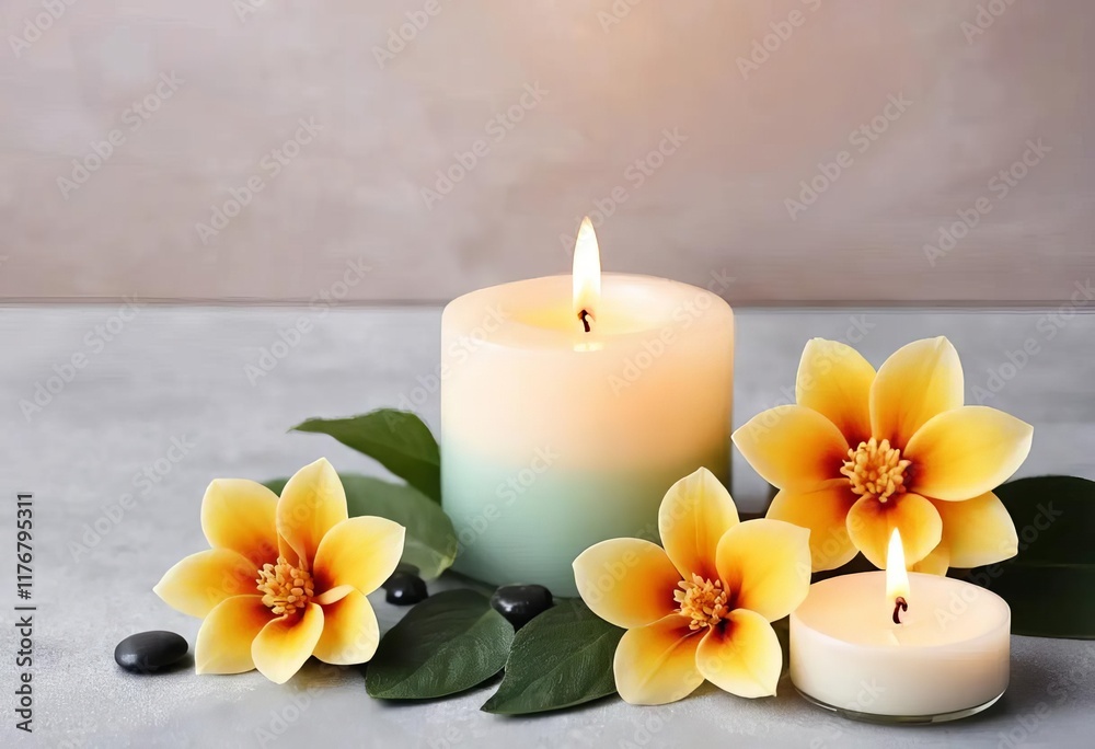 A spa setup with lit candles and flower petals in a bowl of water A spa setup with lit candles and flower petals in a bowl of water