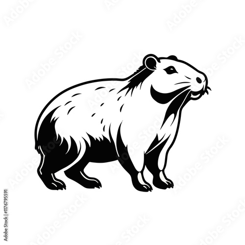 Black and white illustration of a capybara standing in a natural pose 