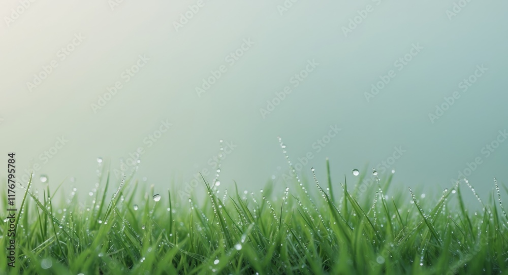 Obraz premium Lush green grass with dew drops covering the surface
