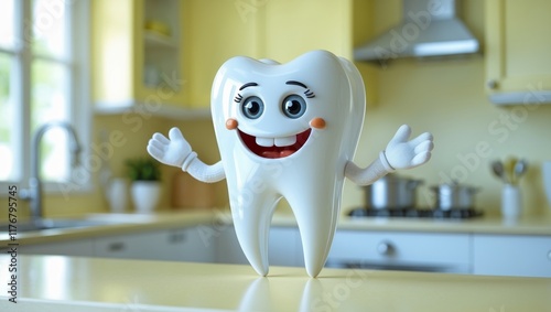 Cheerful tooth mascot brings joy to dental care with a shining smile and playful demeanor in a bright kitchen setting photo