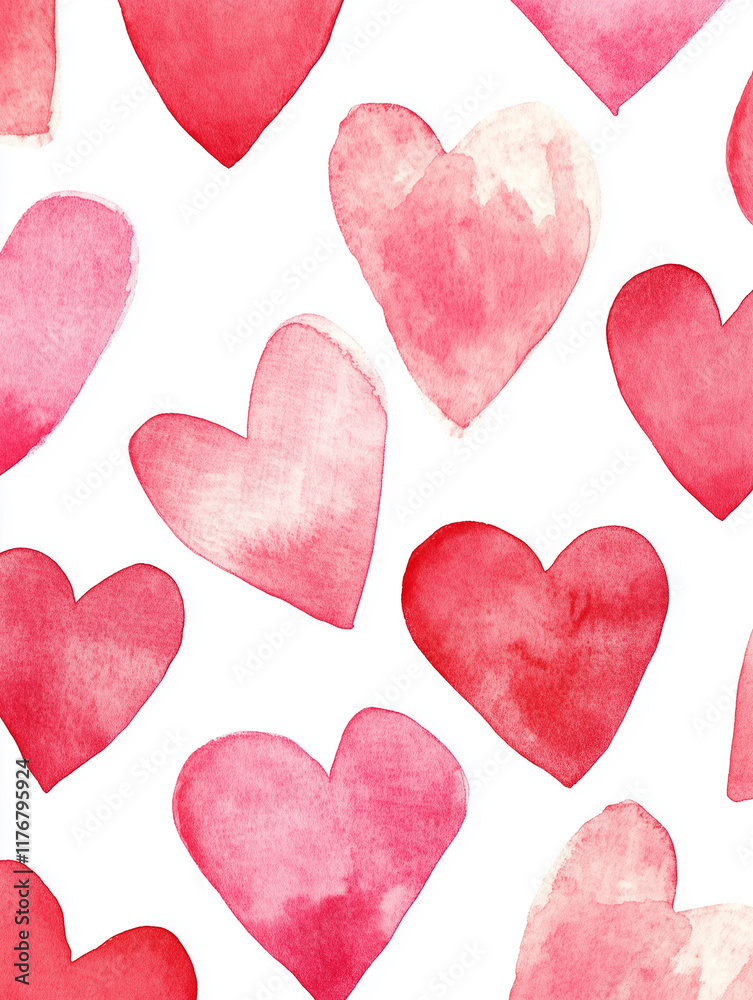 Obraz premium Watercolor illustration, pink and red hand drawn hearts. Valentine's day, wedding. Texture of paint on paper, pattern, background.