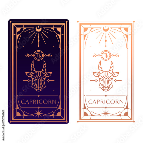 capricorn zodiac sign astrology cards set , horoscope, tarot, fortune teller. Vintage mystical illustration outline hand drawing, magical esoteric horoscope templates for wall print poster