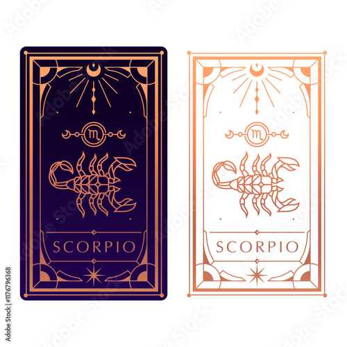 scorpio zodiac sign astrology cards set , horoscope, tarot, fortune teller. Vintage mystical illustration outline hand drawing, magical esoteric horoscope templates for wall print poster