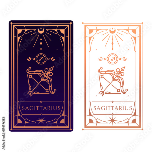sagittarius zodiac sign astrology cards set , horoscope, tarot, fortune teller. Vintage mystical illustration outline hand drawing, magical esoteric horoscope templates for wall print poster