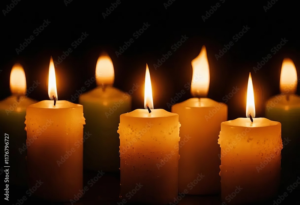 A close-up of candles burning with abstract defocused lights in the background A close-up of candles burning with abstract defocused lights in the background