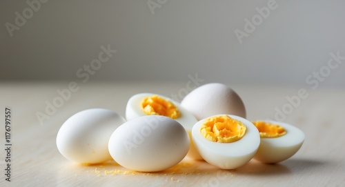 Fresh Boiled Eggs and Halved Raw Eggs on a Clean Table for Healthy Breakfast photo