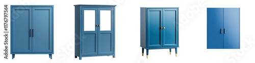 Collection of blue wooden cabinets storage units and display cases for modern and classic home and office interior design  Featuring various styles including minimalist traditional rustic photo