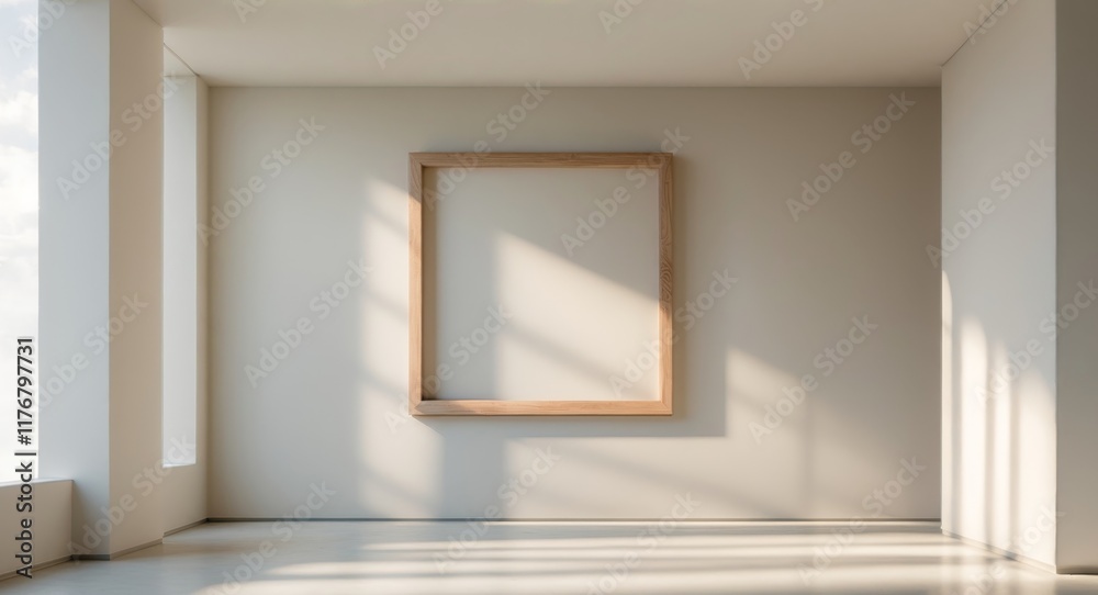 Modern Interior with Minimal Wooden Frame Hanging on a Sunlit Wall Modern Interior with Minimal Wooden Frame Hanging on a Sunlit Wall