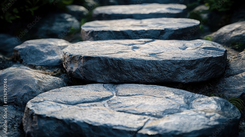 Dark Grey Stones Forming A Stepping Stone Path Dark Grey Stones Forming A Stepping Stone Path