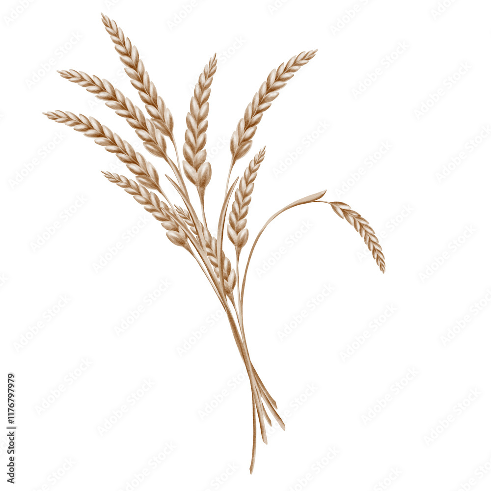 Grains of wheat in spikelets of yellow color as a symbol of harvest festival, bread and prosperity. The watercolor illustration is hand-painted on a transparent background Grains of wheat in spikelets of yellow color as a symbol of harvest festival, bread and prosperity. The watercolor illustration is hand-painted on a transparent background