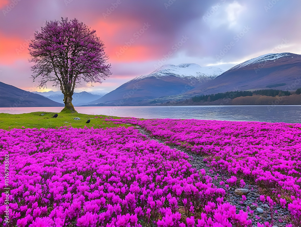 Obraz premium Sunset Landscape Illustration: Purple Flowers and Mountains