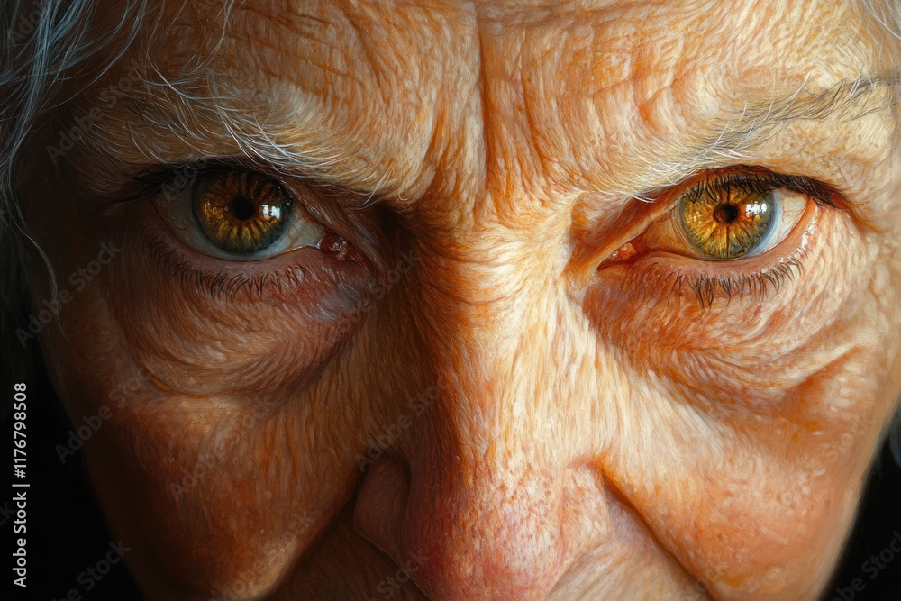 Close-up portrait, elderly woman's intense gaze. Close-up portrait, elderly woman's intense gaze.