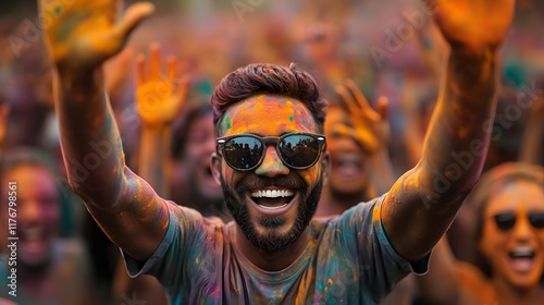 Joyful Moments at a Colorful Festival Celebration with Friends Drenched in Bright Paints and Smiles. Summer Festival