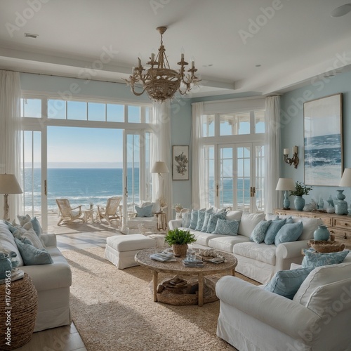 Beachfront coastal living room with light, airy colors and an endless horizon of the sea.