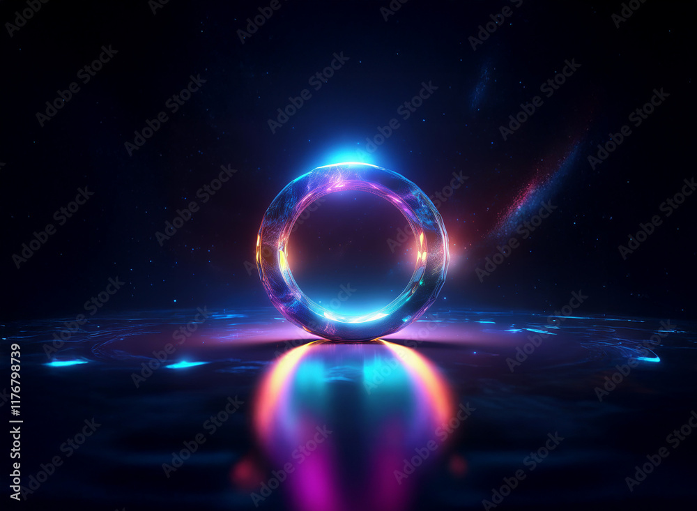 Obraz premium A luminous, iridescent ring floats above a reflective surface, emitting vibrant blue, pink, and purple light. Surrounding particles add to the otherworldly ambiance.