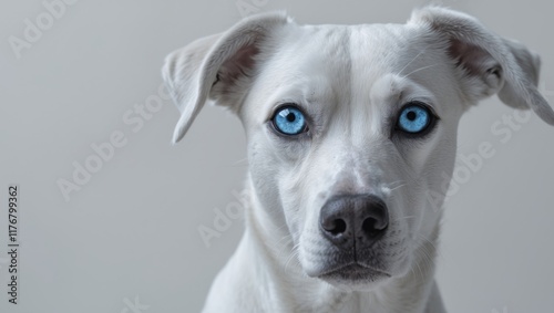 A close up of a dog's face with blue eyes photo