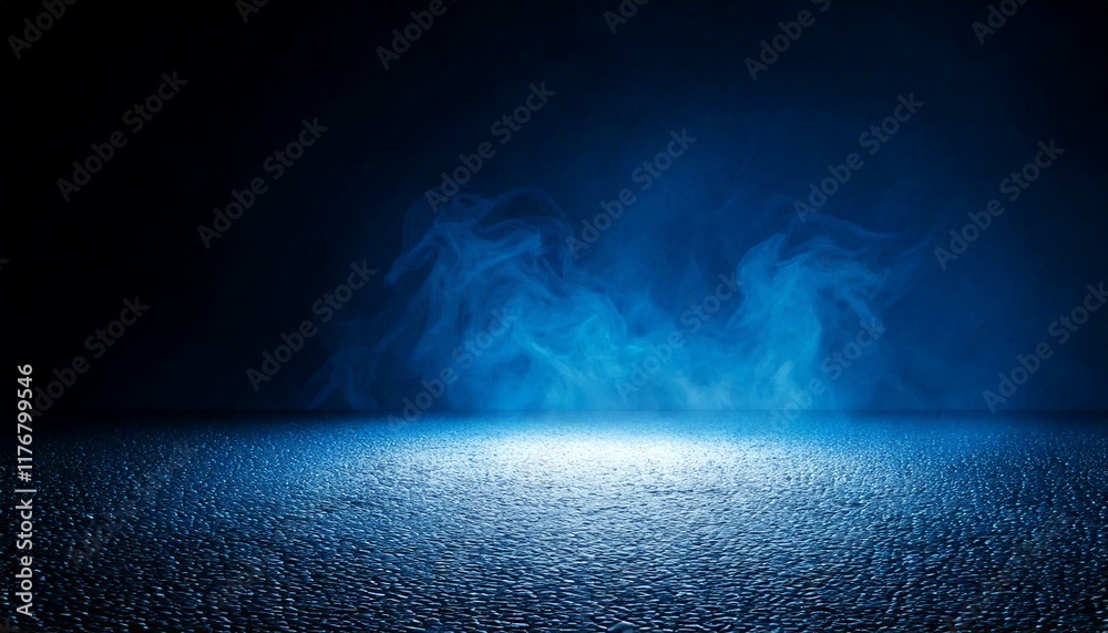 Rays, spotlights light. Empty dark scene with blue light. Asphalt blue dark street with smoke. Rays, spotlights light. Empty dark scene with blue light. Asphalt blue dark street with smoke.