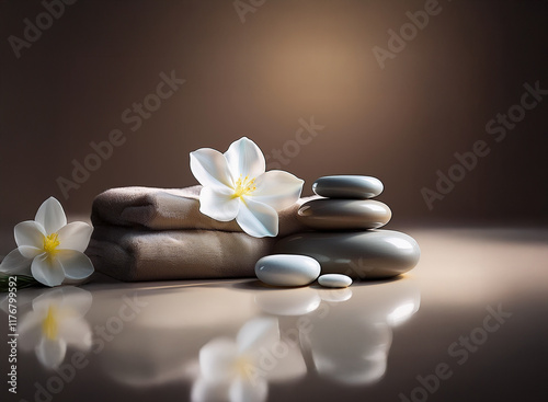 Serene spa scene: smooth stones stacked, delicate white blossoms, reflecting in a polished surface.  Ambient lighting enhances the tranquil atmosphere.