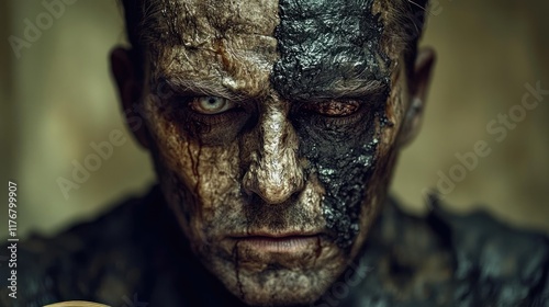 Burn victim portrait, dark background, intense gaze, horror film photo