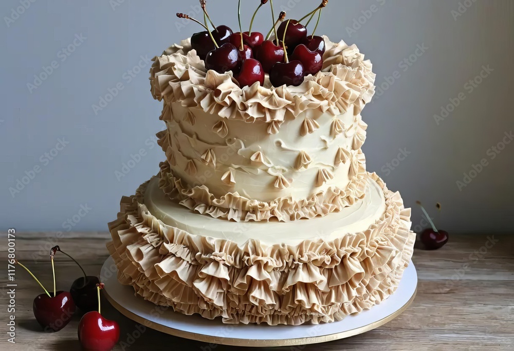 A birthday cake with buttercream ruffles and cherries on top, decorated in a vintage style