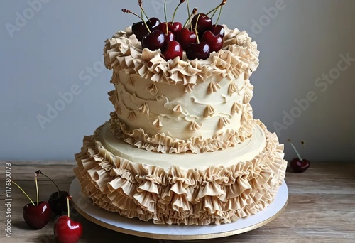 A birthday cake with buttercream ruffles and cherries on top, decorated in a vintage style