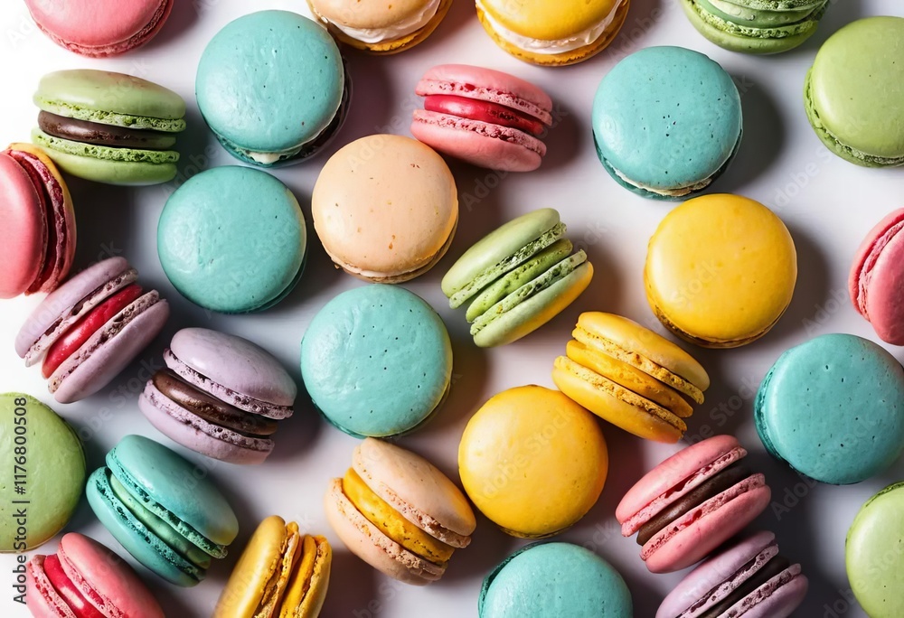 A close-up of colorful macarons on a white background A close-up of colorful macarons on a white background