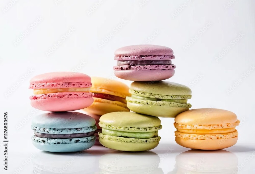 A close-up of colorful macarons on a white background A close-up of colorful macarons on a white background