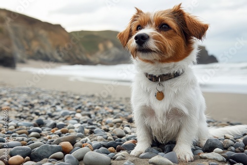 A charming small dog sitting confidently on a rocky beach, gazing thoughtfully at the waves, showcasing a sense of adventure and tranquility in a coastal setting.