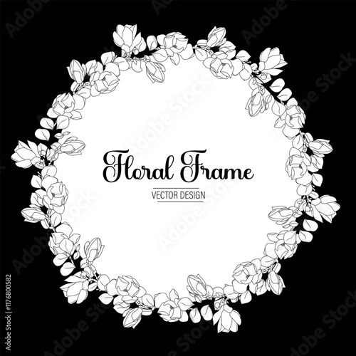 Elegant Black and White Floral Frame. A sophisticated circular frame featuring delicate black and white floral illustrations, perfect for wedding invitations, cards, or elegant designs.