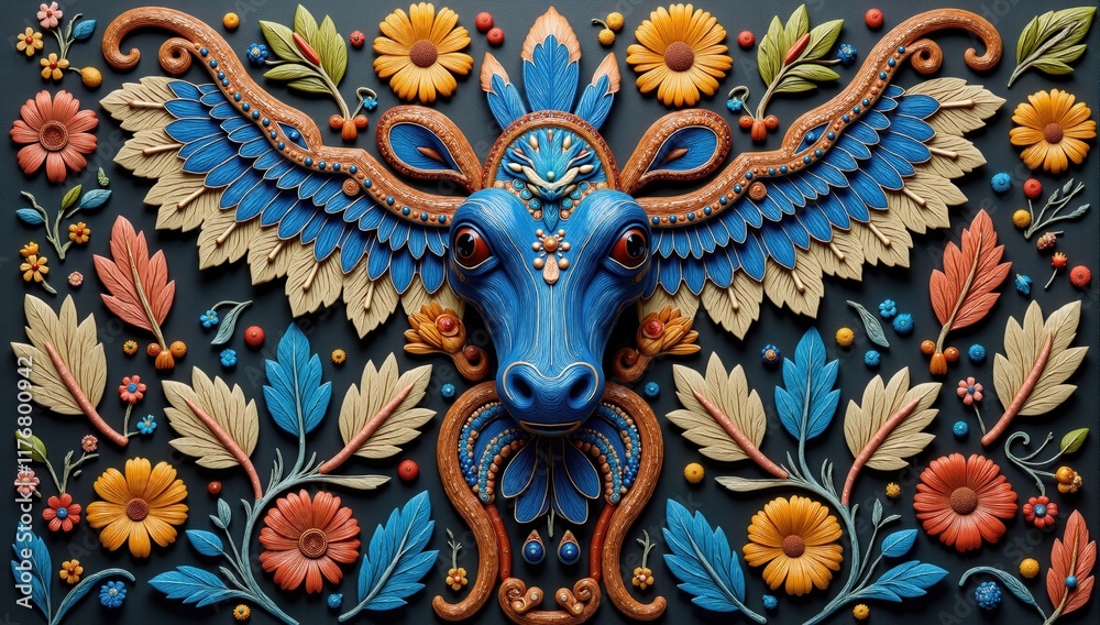 Fototapeta premium Majestic mythical blue cow with wings and floral ornaments embracing harmony